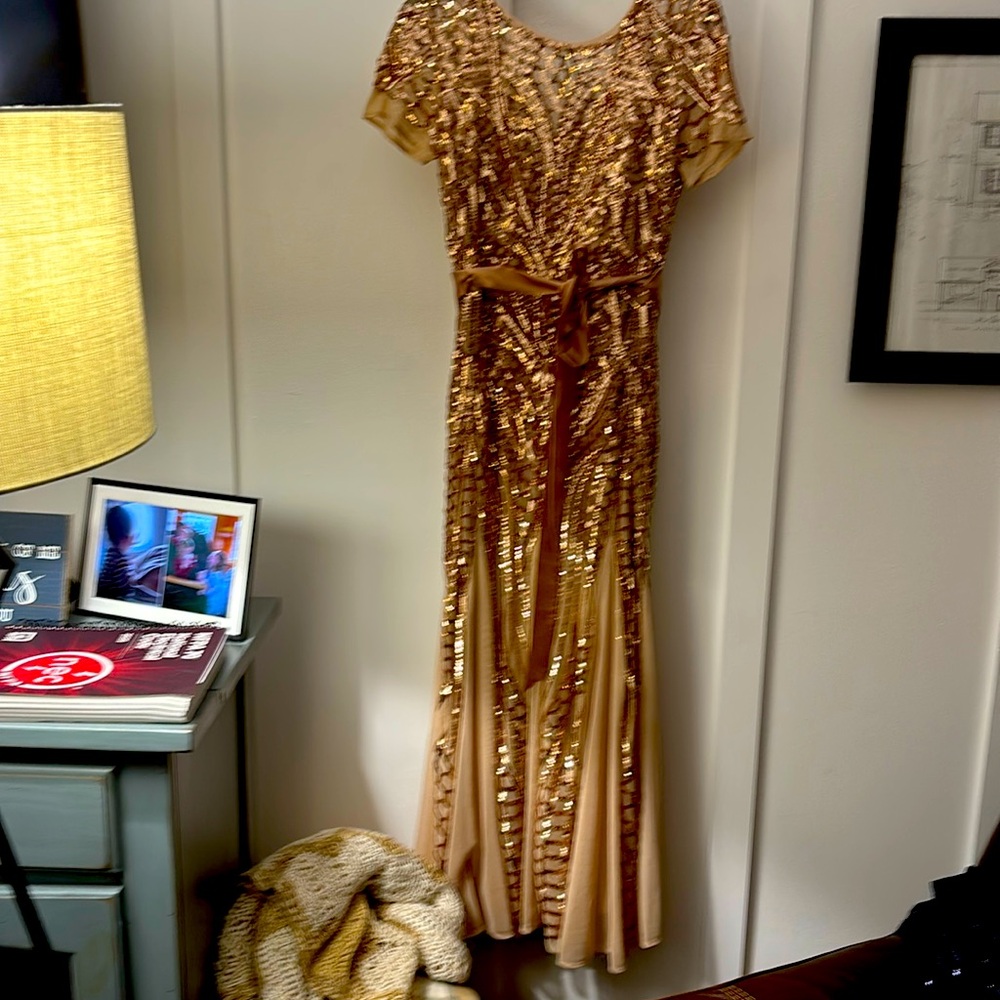 Gold formal beaded dress maxie llentg